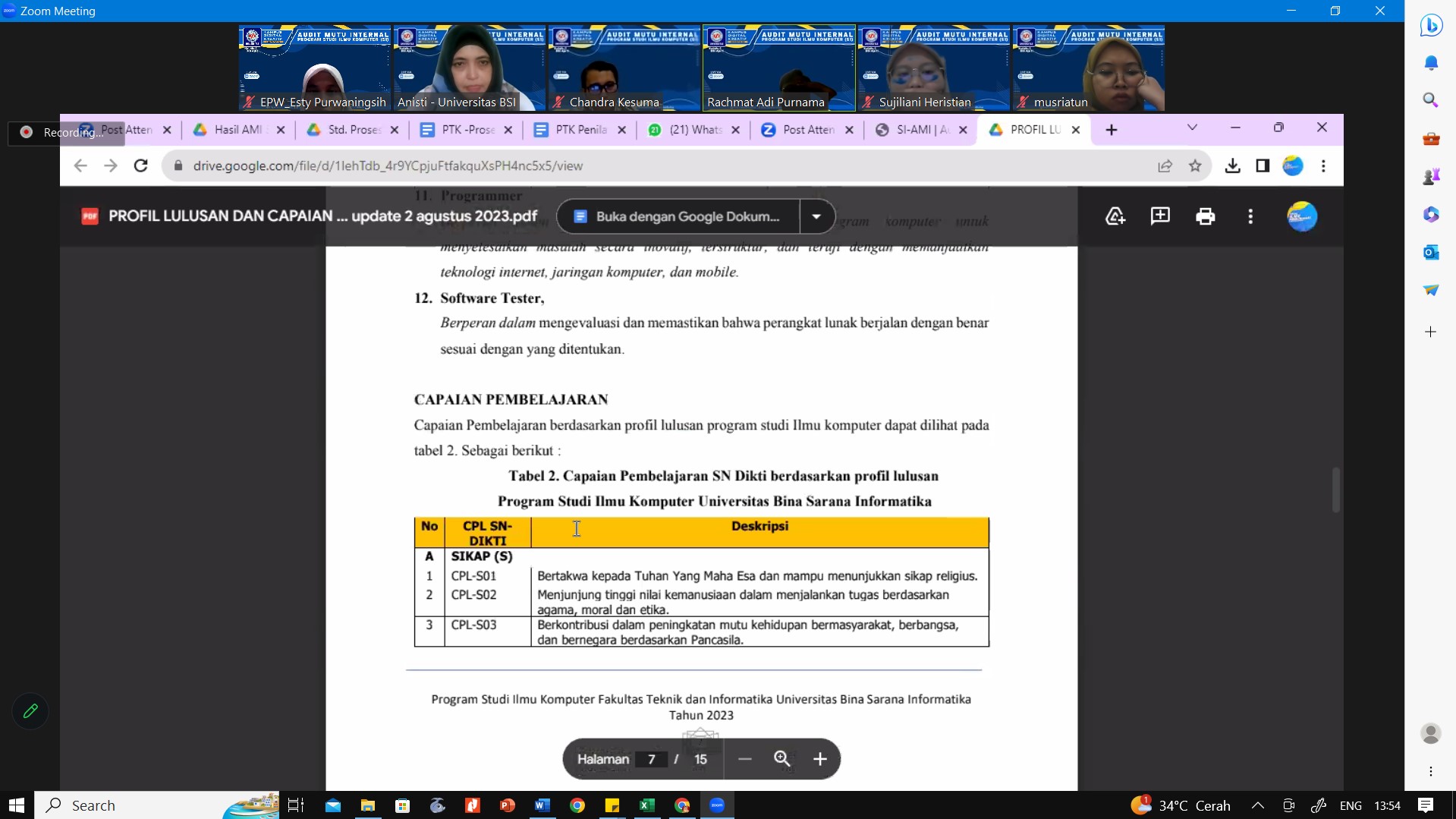 Audit Mutu Internal (AMI) siklus 5 Program Studi Ilmu Komputer (S1)